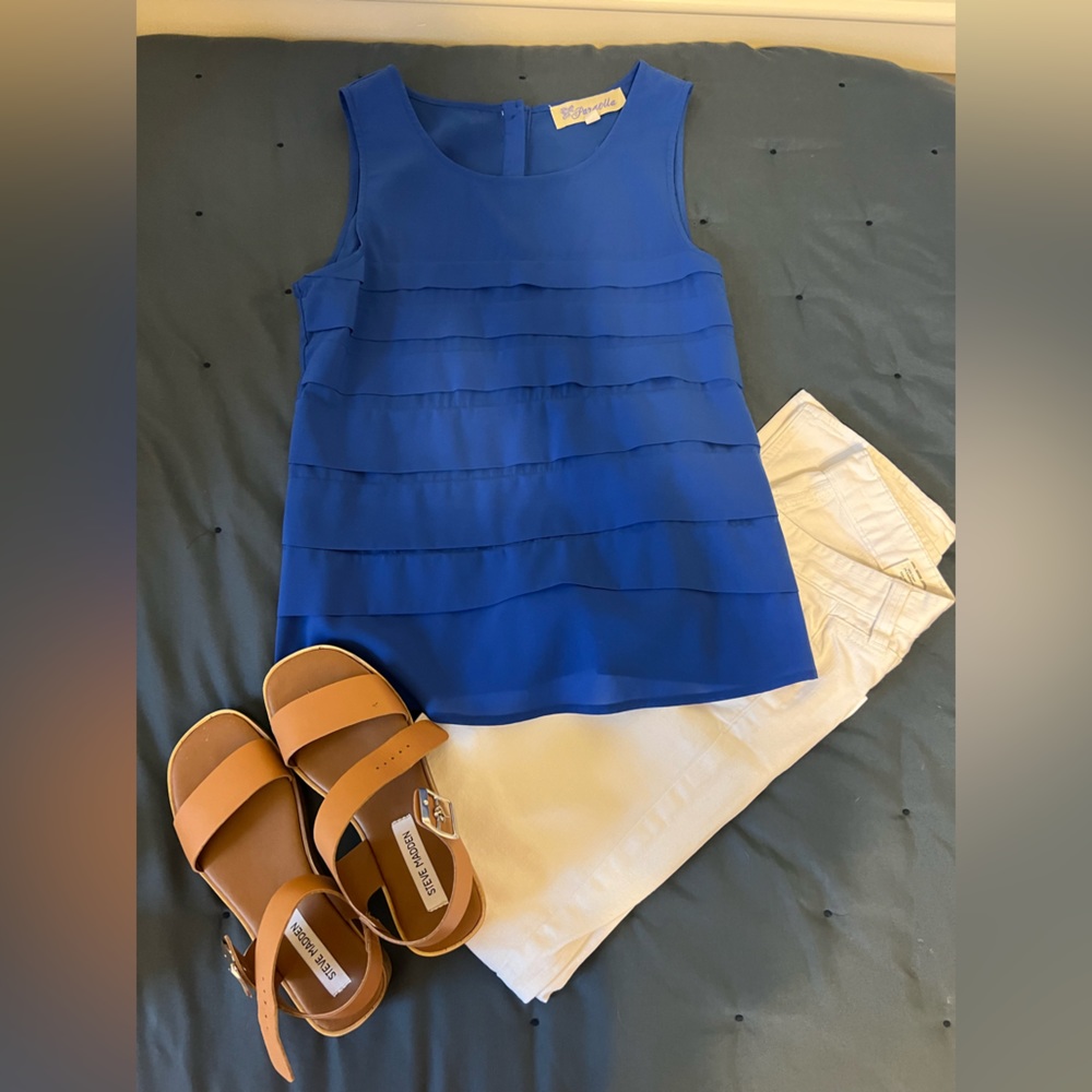 Royal blue ruffled blouse